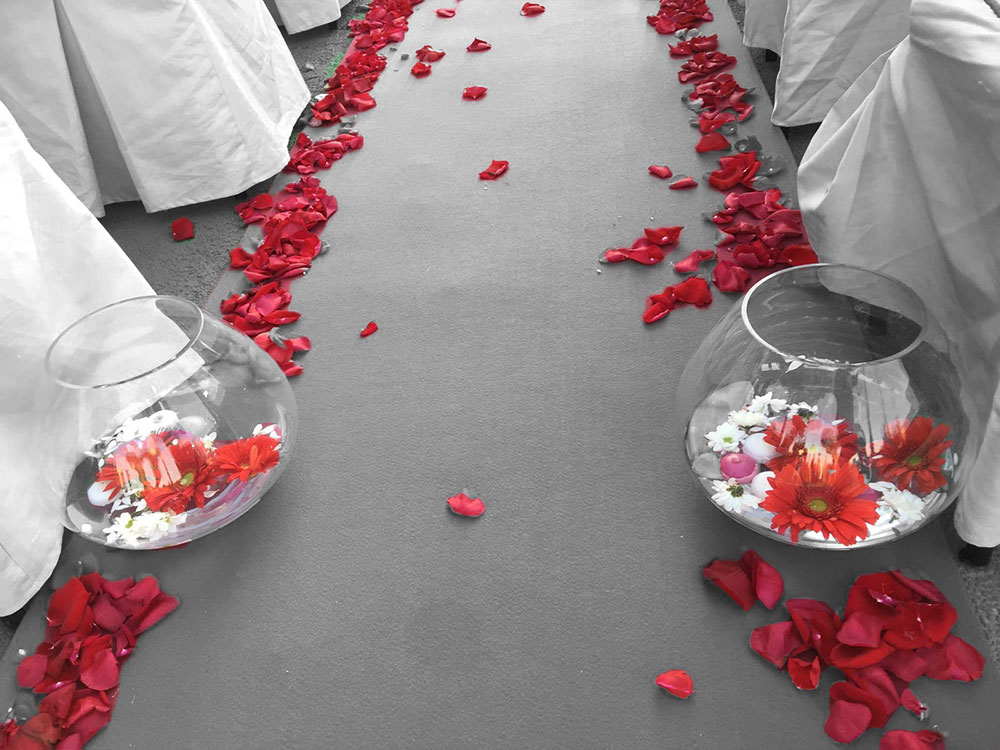 camino de flores para el llegada de la novia en la boda, hacienda romero