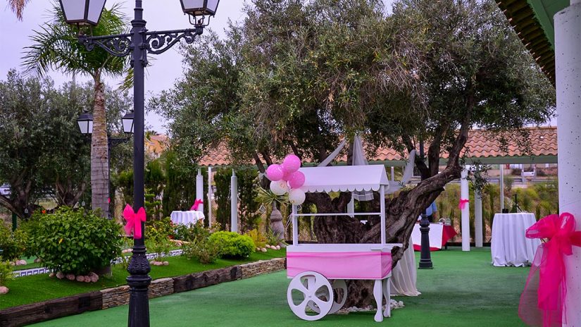 comunión en hacienda Romero, jardín con puesto de chuches